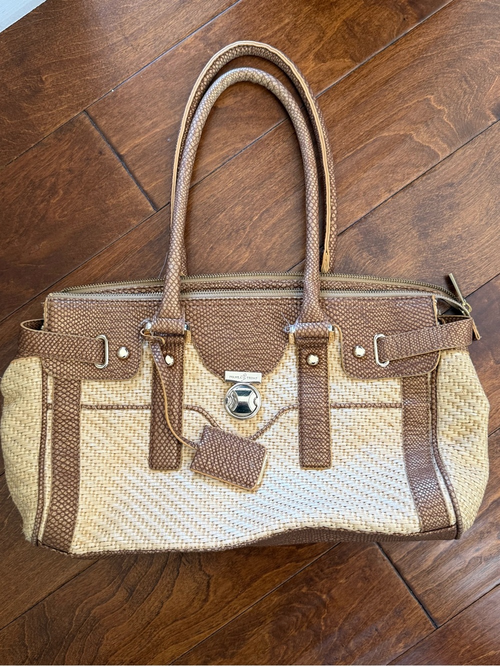Ivanka Trump Straw & Pebbled Leather Tote Bag Natural Brown Summer Handbag